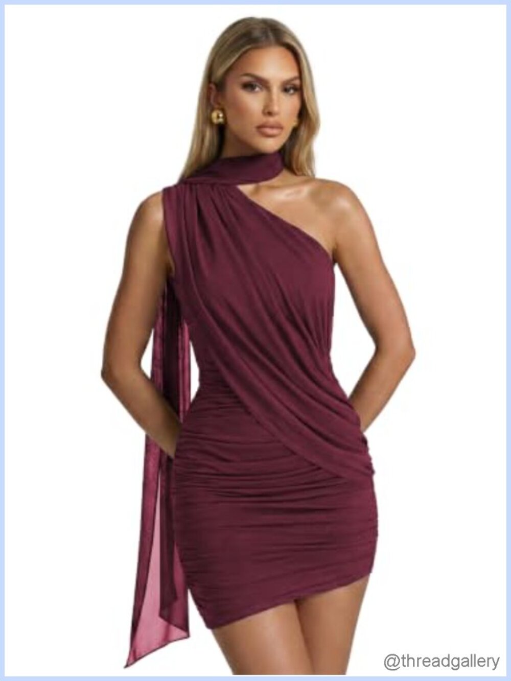 One Shoulder Ribbon Mesh Bodycon Mini Dress Sash Open Back Club
